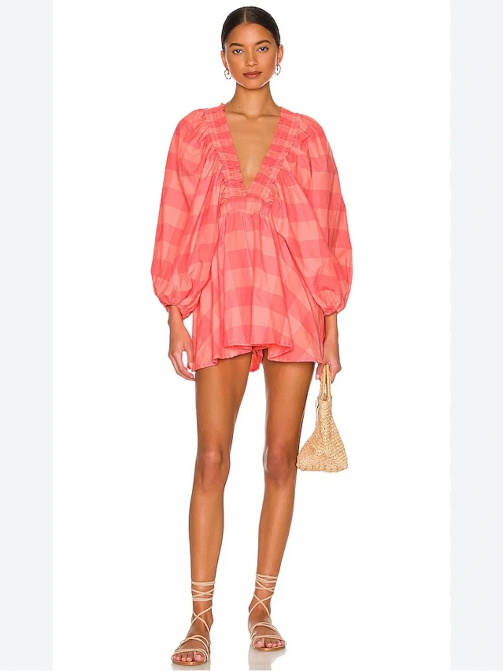 revolve SUNDRESS Vibrant Pink & Orange Puffy Sleeve romper - Picture 2 of 5